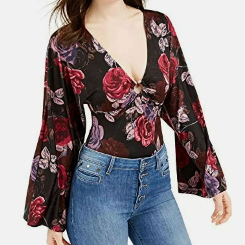 Guess Women's Bodvsuit Too Floral Kimono Sleeves